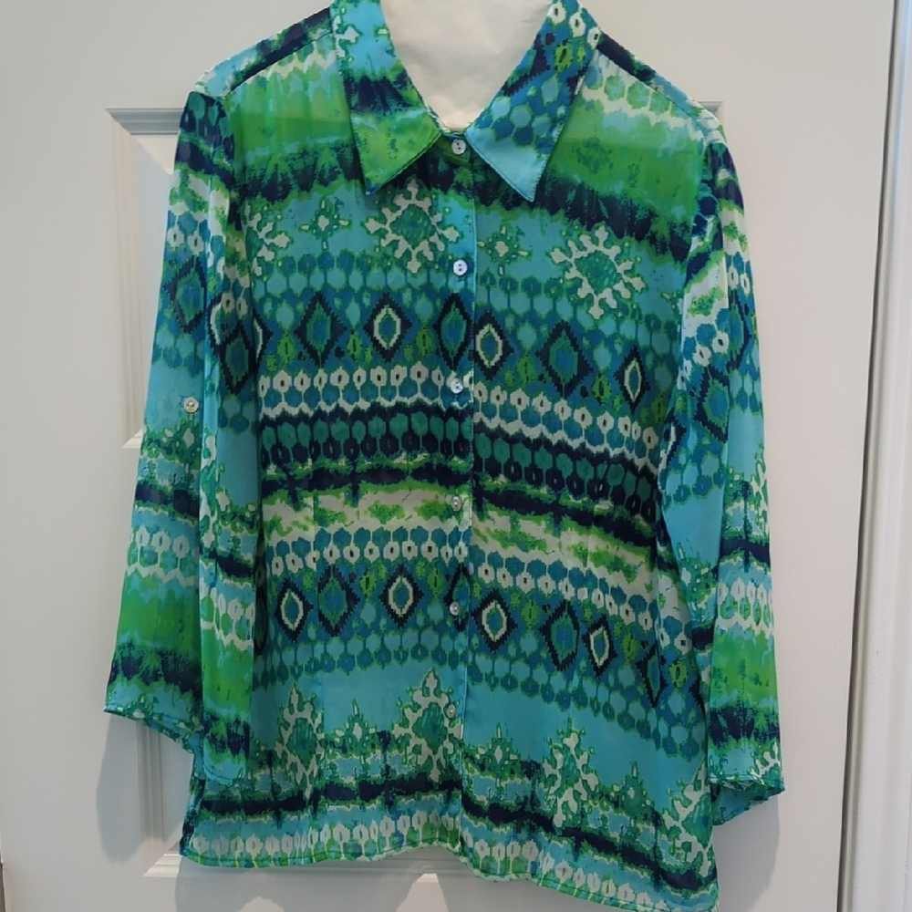 Christopher & Banks Green and Blue Patterned Blouse